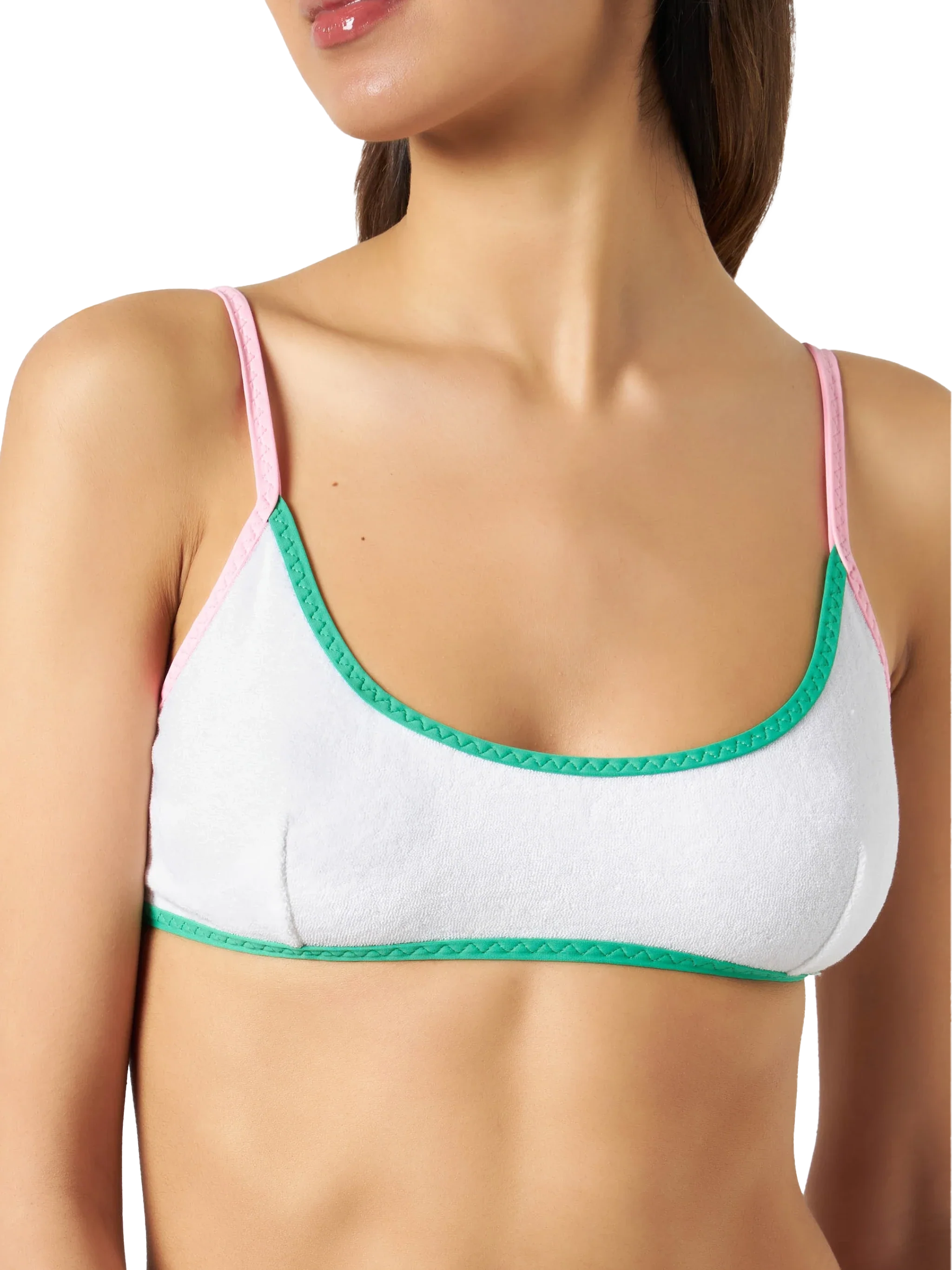 White Judy String Terry Bralette Bikini Top With Piping Pink