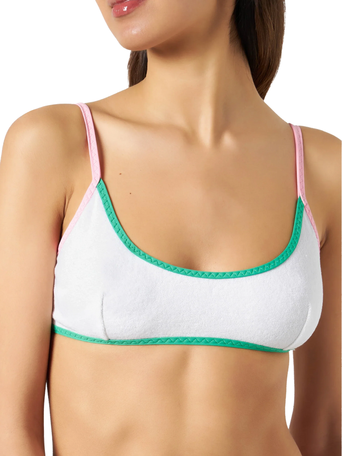 White Judy String Terry Bralette Bikini Top With Piping Pink