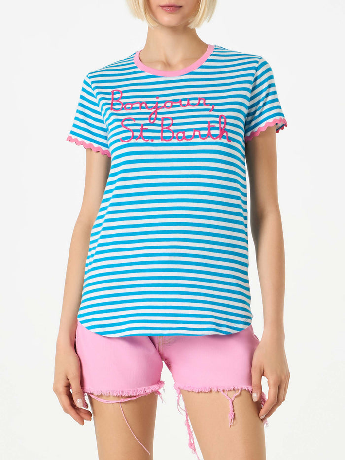 White And Blue Striped Dana Cotton T-Shirt With Embroidery