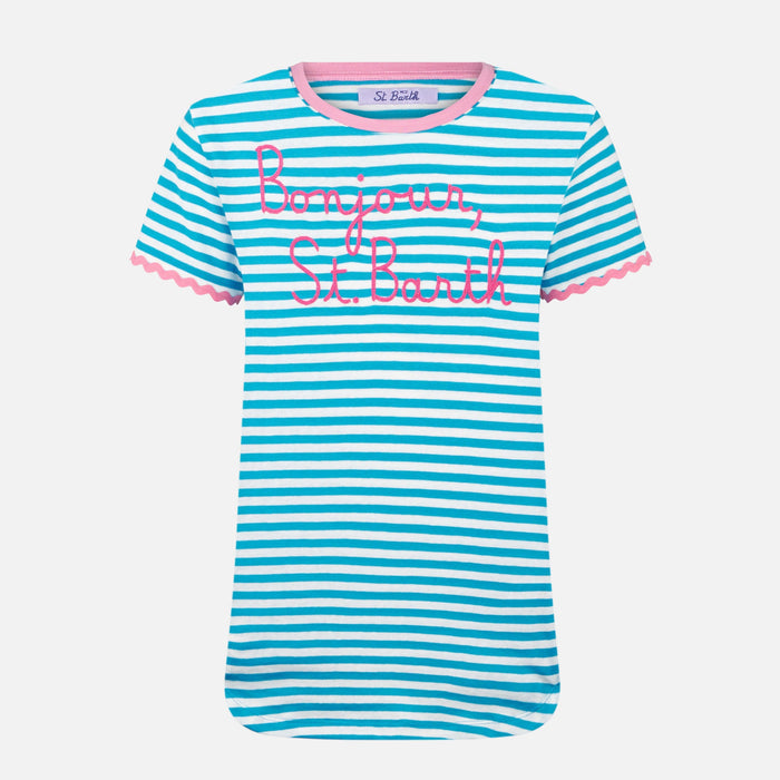 White And Blue Striped Dana Cotton T-Shirt With Embroidery