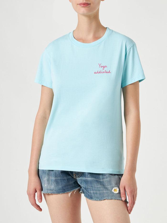 Emilie Water Green Cotton T-Shirt With Yoga Addicted Embroidery