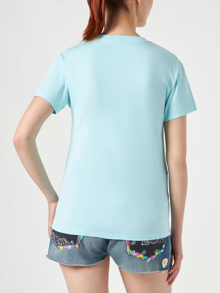 Emilie Water Green Cotton T-Shirt With Yoga Addicted Embroidery