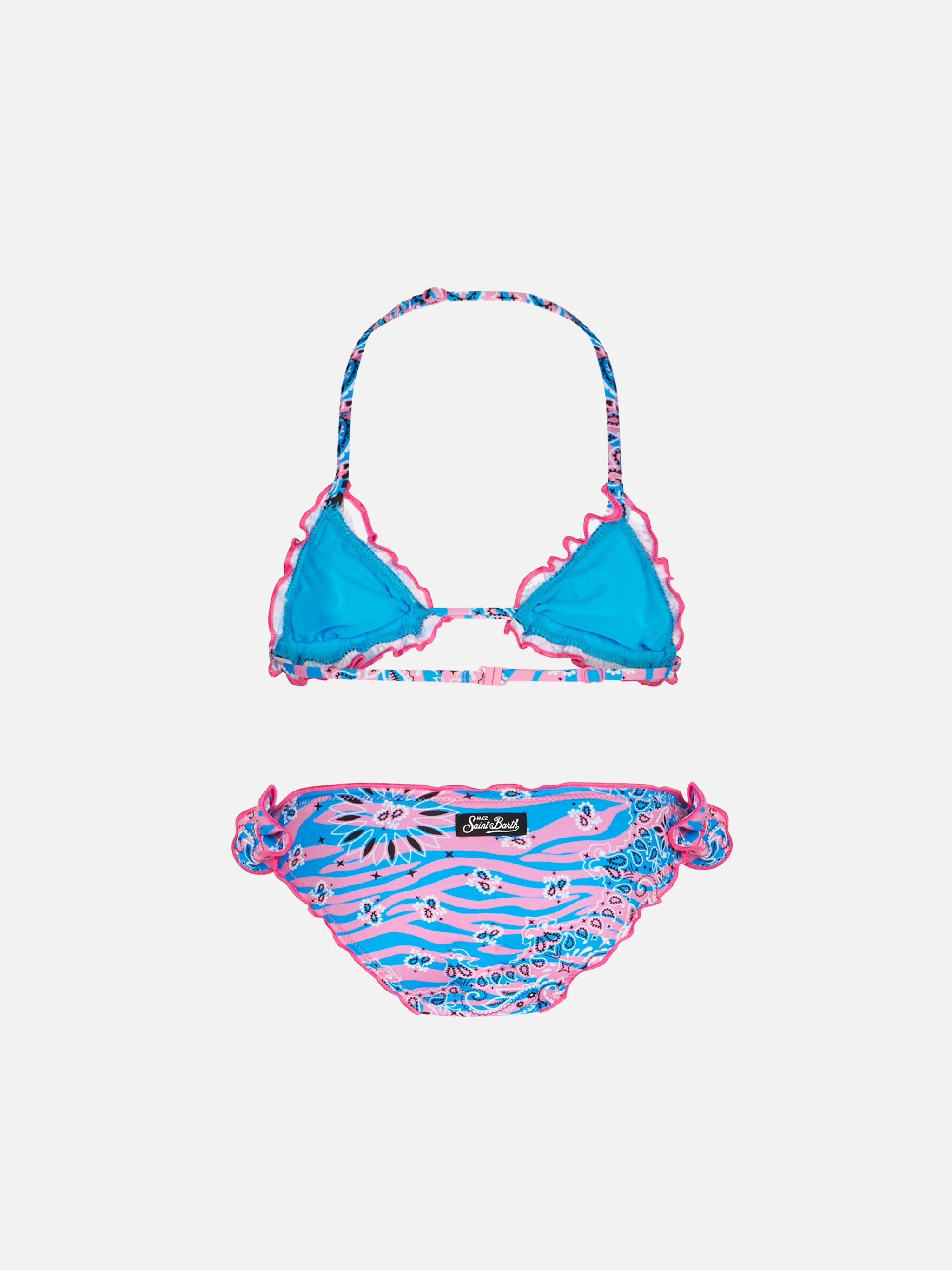 Girl Triangle Bikini With Zebra Bandanna Print Sky