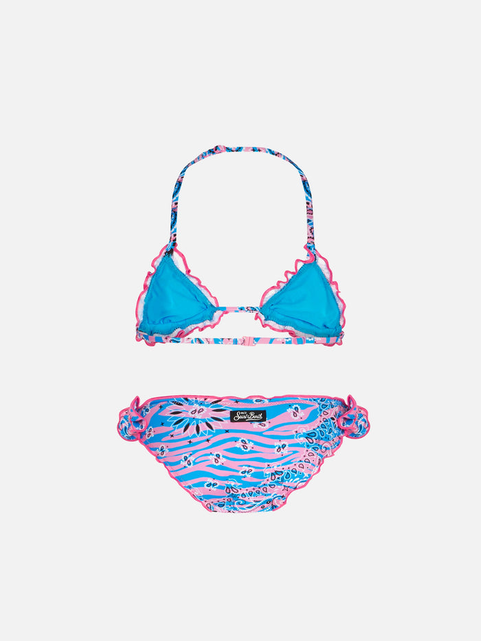 Girl Triangle Bikini With Zebra Bandanna Print Sky