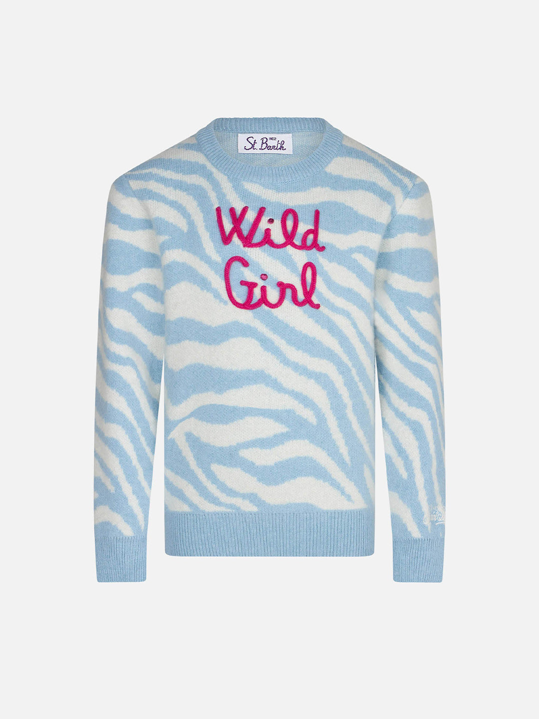 Girl Zebra Print Brushed Sweater With Wild Embroidery White
