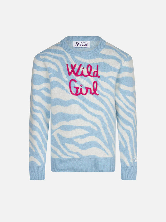 Girl Zebra Print Brushed Sweater With Wild Embroidery White