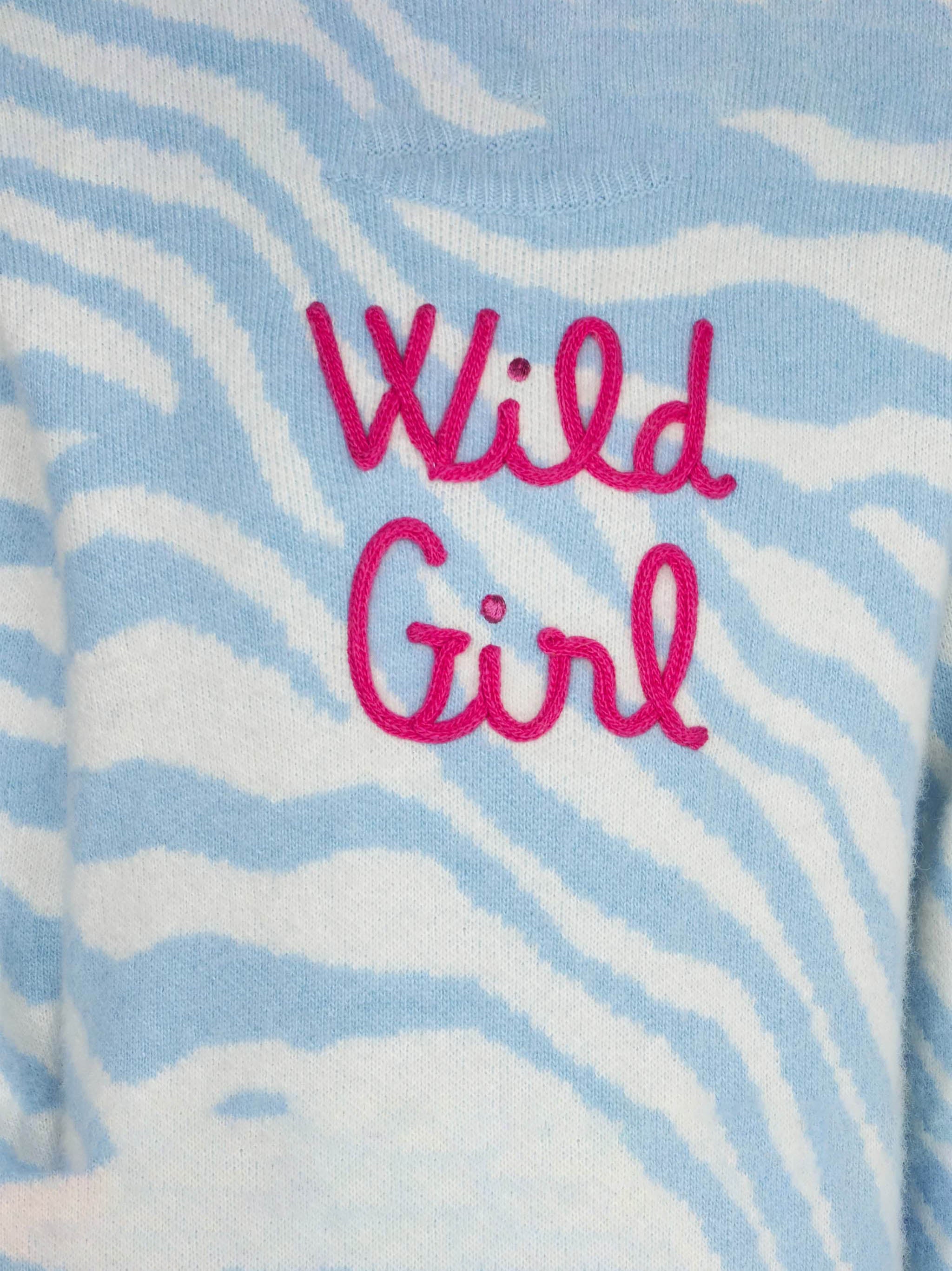 Girl Zebra Print Brushed Sweater With Wild Embroidery White